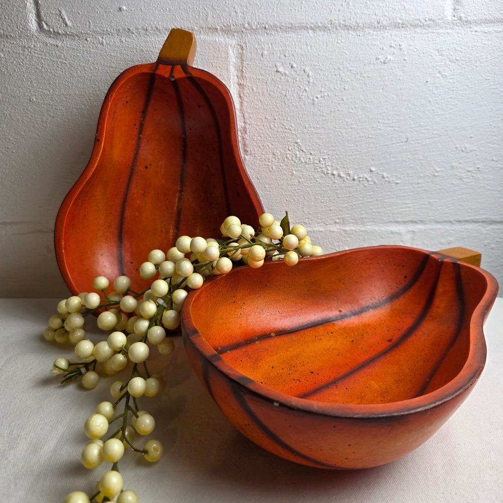 Set of 2 Rustic Wooden Squash Gourd Bowls Orange Fall Harvest Decor